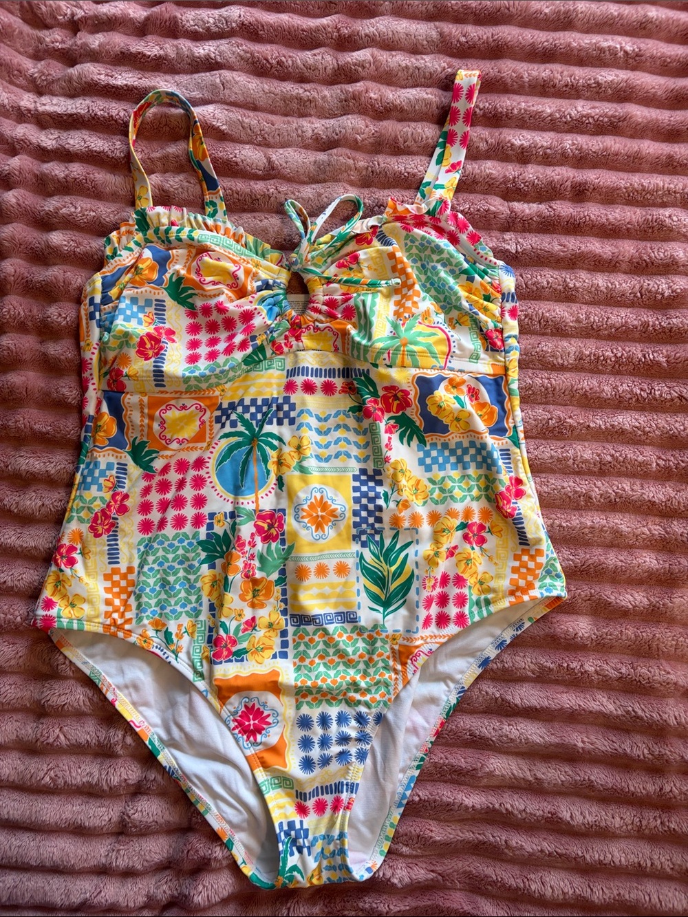 Time and Tru Yellow Multi Floral Patchwork One-Piece Swimsuit